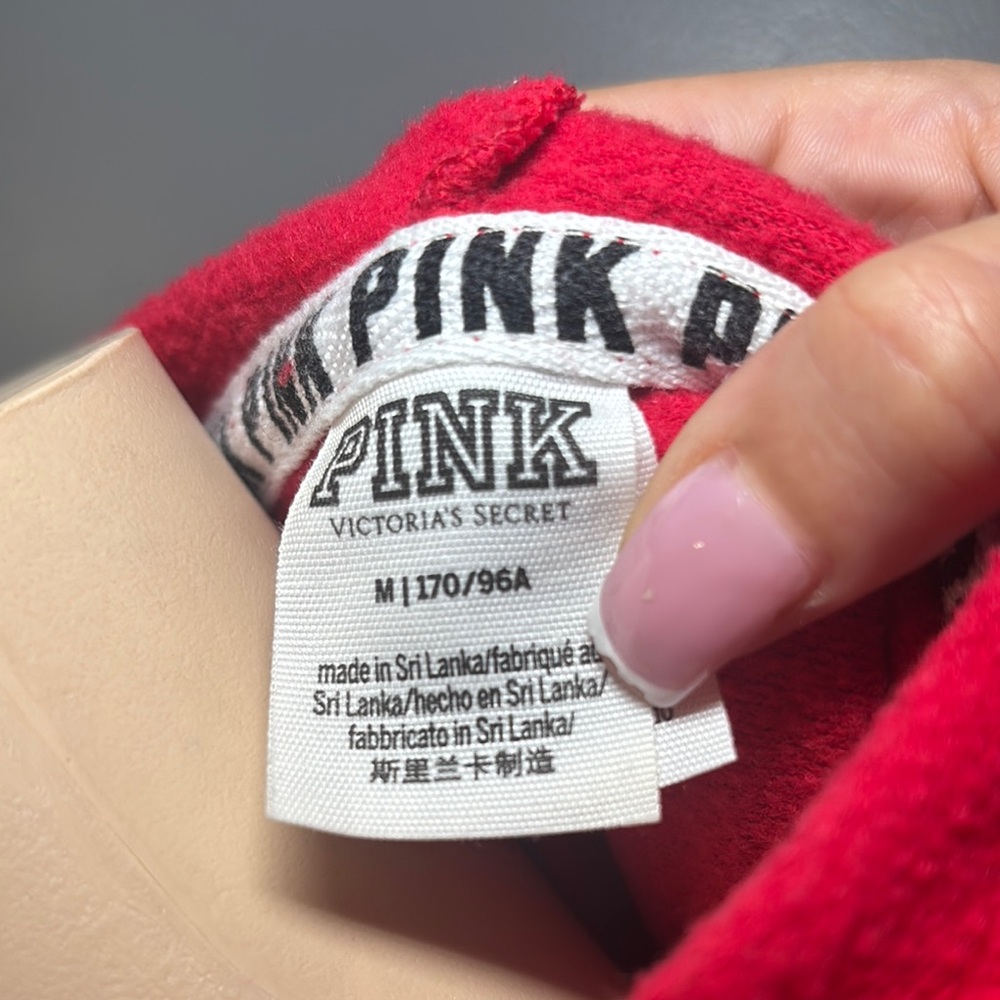 PINK Victoria's Secret Red Zip-Up Hoodie with Striped Sleeves - Picture 2 of 3